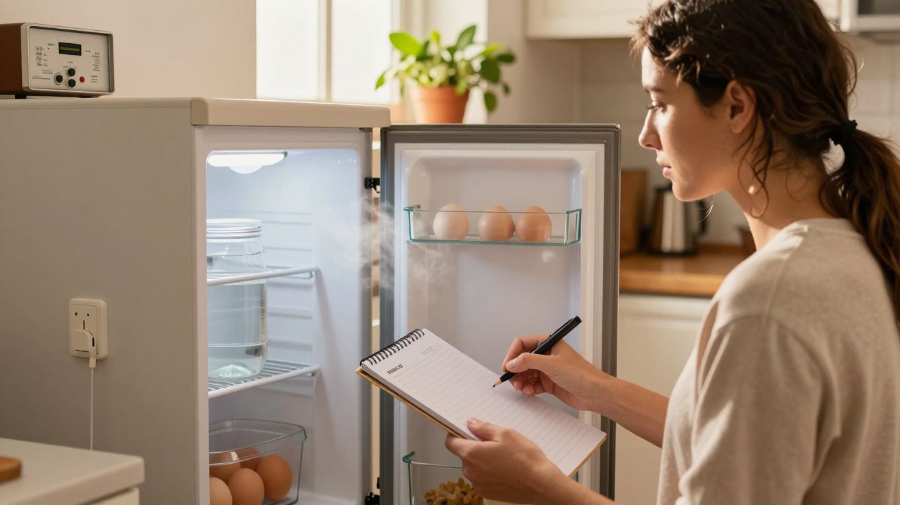 Mulher com bloco de notas observa o conteúdo de um frigorífico aberto com ovos e jarro de vidro.