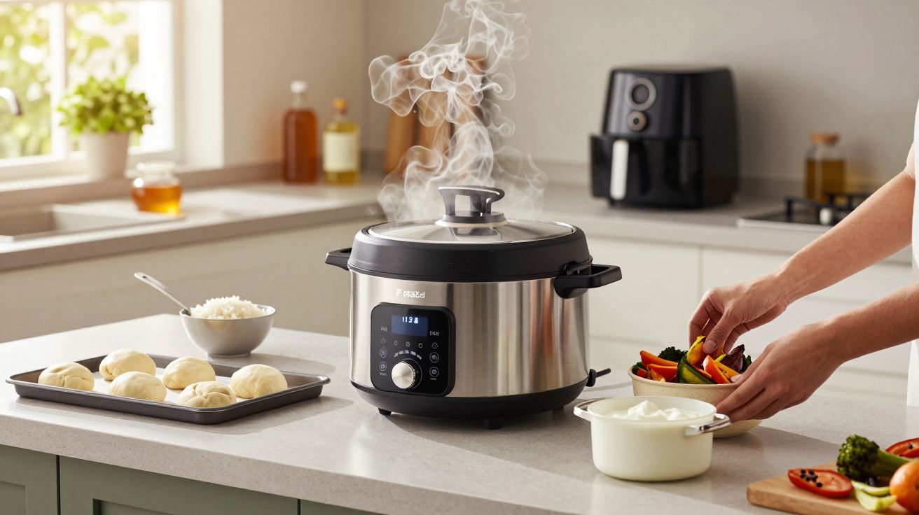 Cozinha moderna com panela elétrica a vapor, tabuleiro de pães e tábua com legumes frescos sendo preparados.
