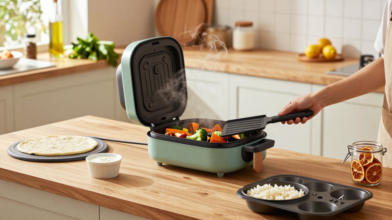 Pessoa a cozinhar legumes numa grelha elétrica verde, numa cozinha moderna com bancada de madeira.