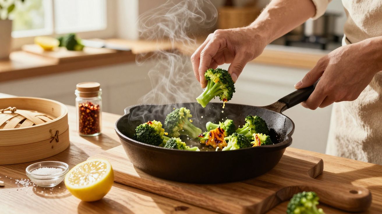 Pessoa cozinha brócolos numa frigideira de ferro fundido, com especiarias e limão ao lado.
