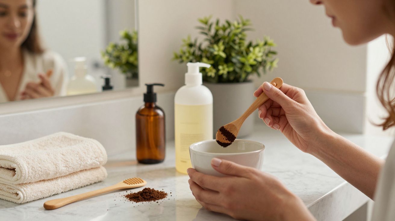 Mulher misturando café moído numa tigela branca, com toalhas e produtos de higiene em cima da bancada da casa de banho.