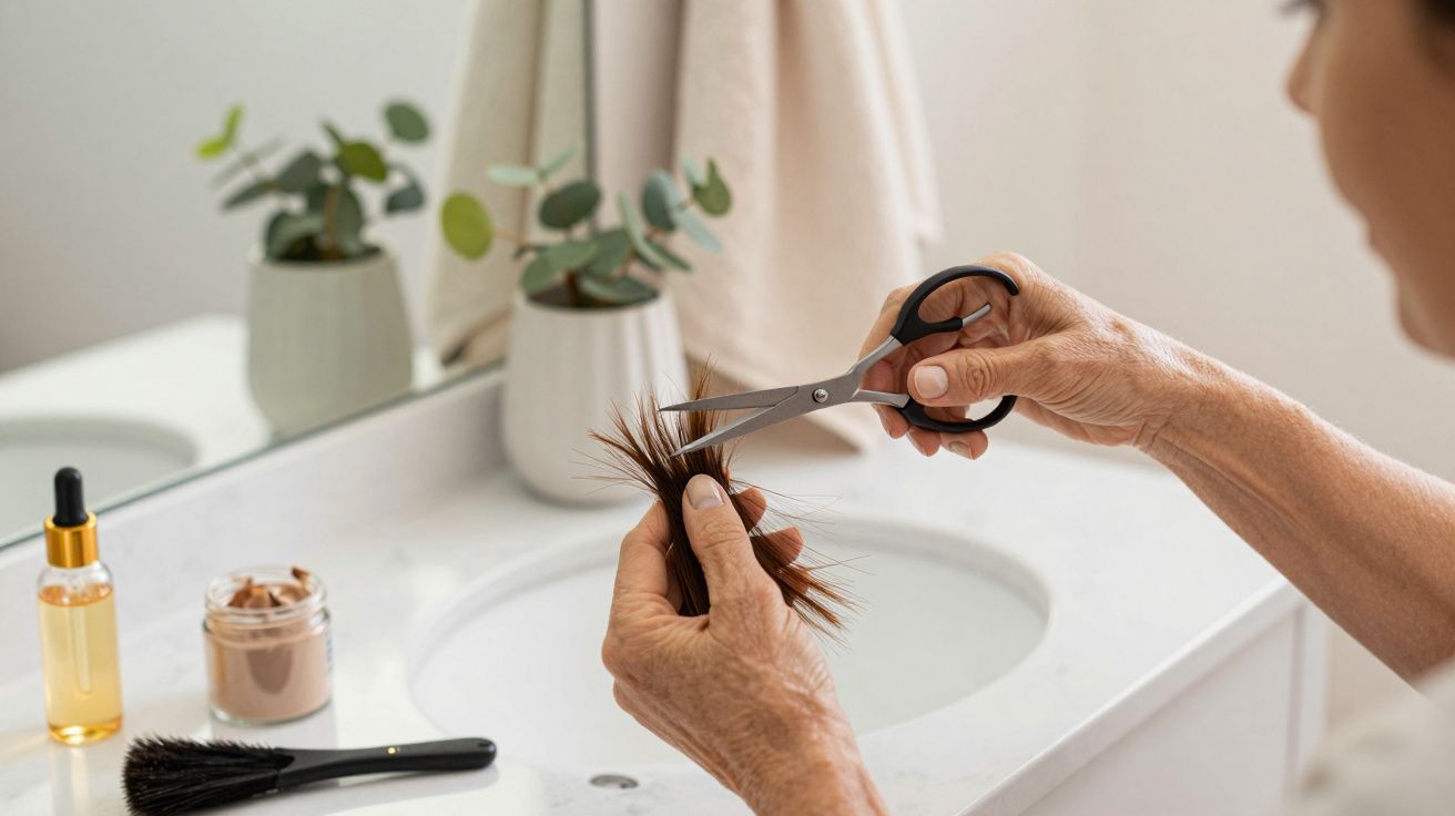 Pessoa a cortar o cabelo em frente a um lavatório, com tesoura numa mão e madeixa na outra.