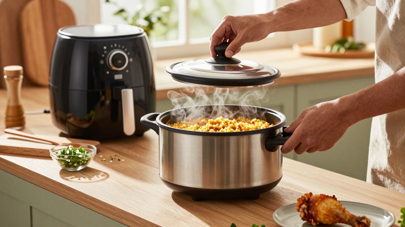Pessoa a levantar a tampa de uma panela com arroz cozido, junto a uma fritadeira a ar numa bancada de cozinha.