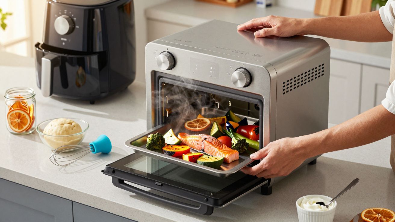 Pessoa retira um tabuleiro de forno com legumes e salmão de um mini forno prateado numa cozinha moderna.