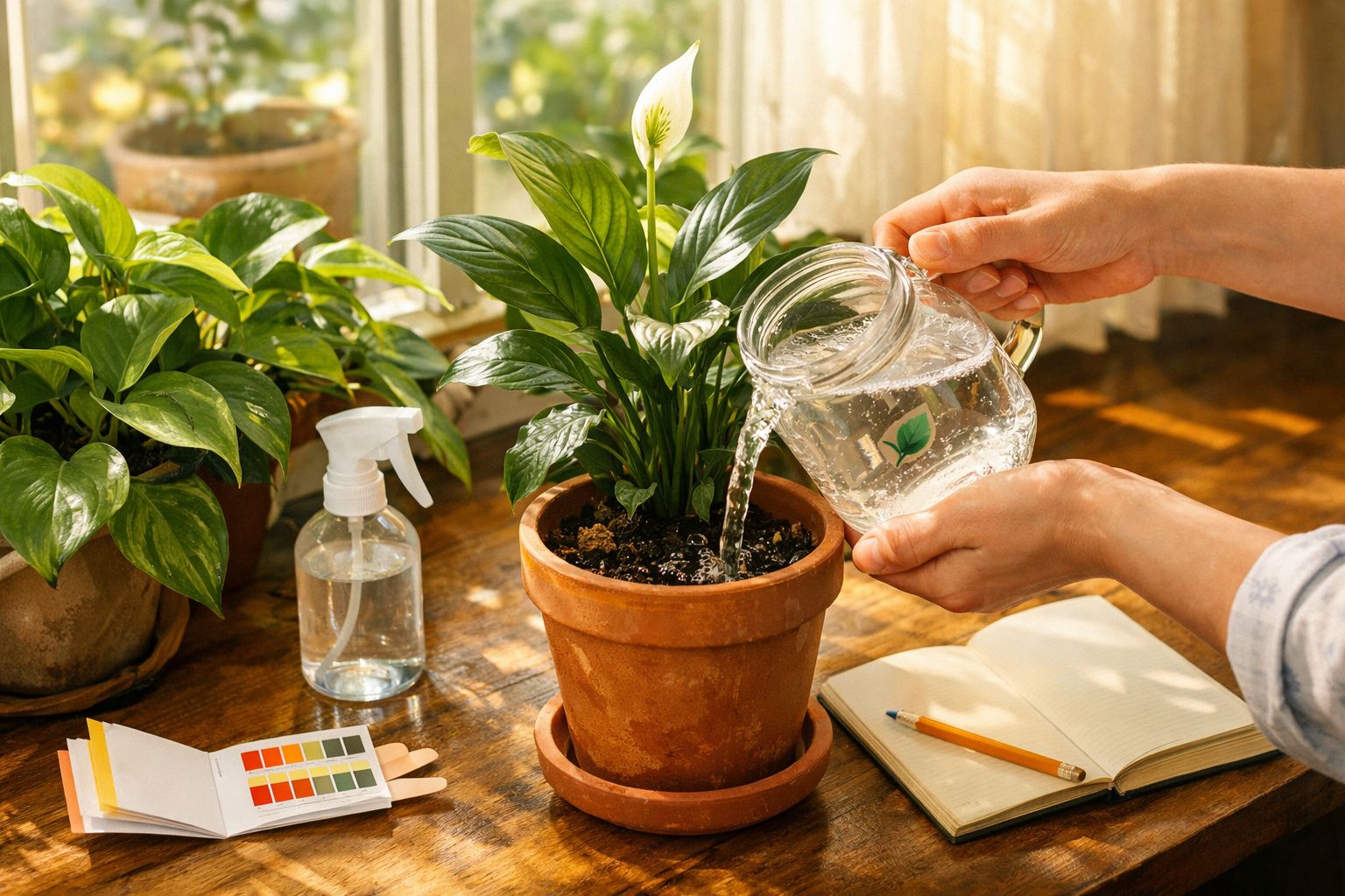 Pessoa a regar planta num vaso de barro com regador, ao lado de blocos de notas e frasco de spray numa mesa de madeira.