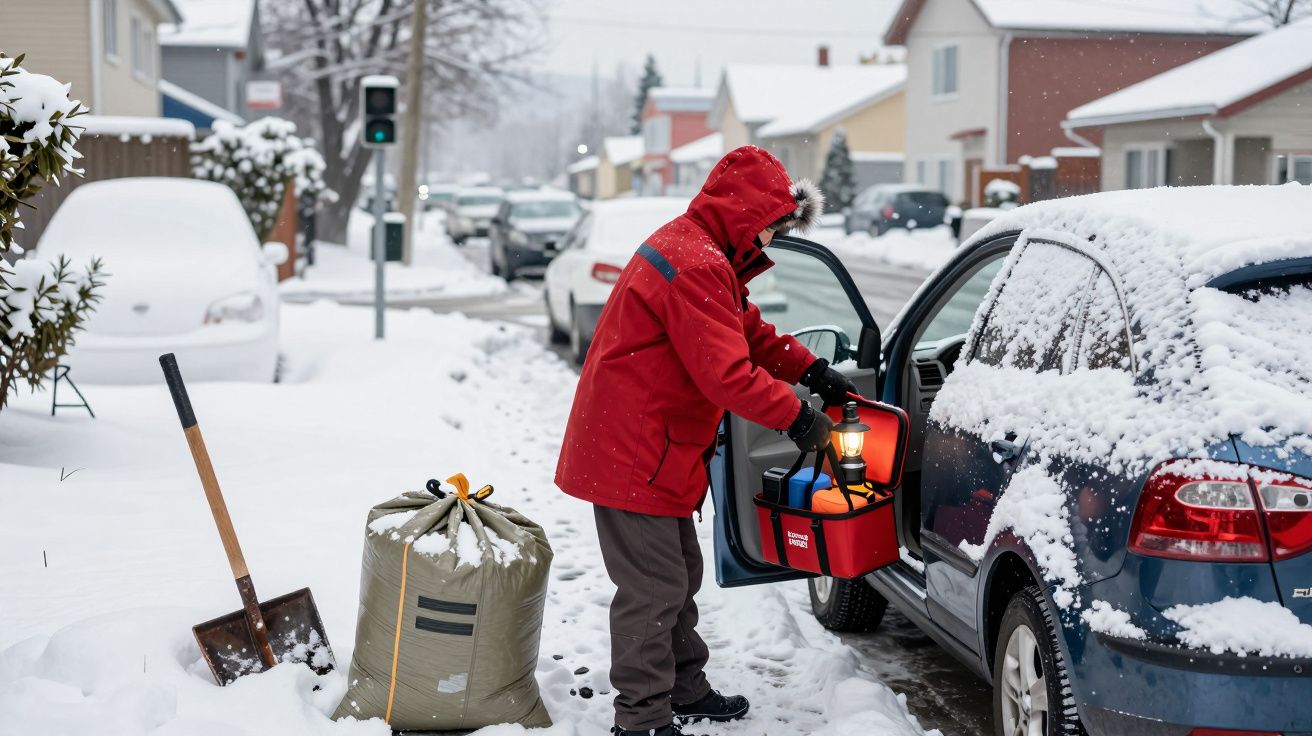 Pessoa de casaco vermelho a carregar um carro coberto de neve num bairro nevado com pá e saco ao lado.