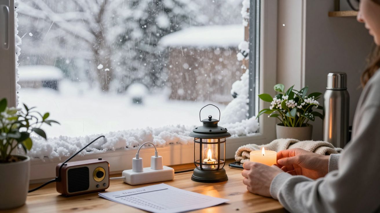 Pessoa acende vela num ambiente aconchegante, com neve lá fora. Rádio e plantas ao lado na mesa de madeira.