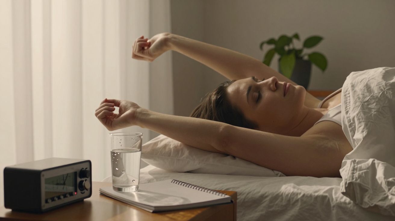 Mulher a espreguiçar-se na cama, com copo de água e livro na mesa de cabeceira, de manhã.