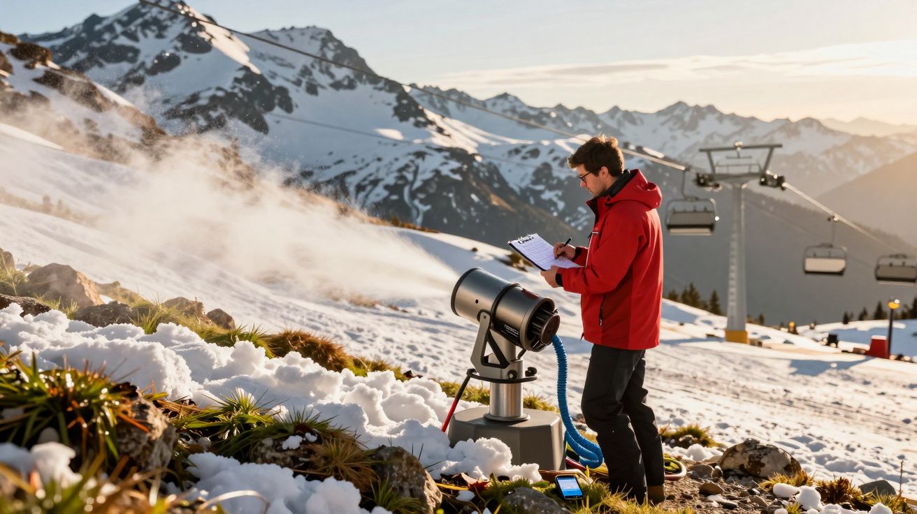 Homem de casaco vermelho opera máquina de neve numa montanha nevada. Teleféricos ao fundo.