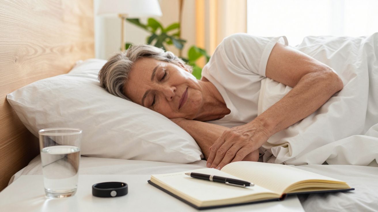 Mulher idosa dormindo na cama ao lado de um copo de água, um diário aberto e um monitor de sono numa mesa de cabeceira.