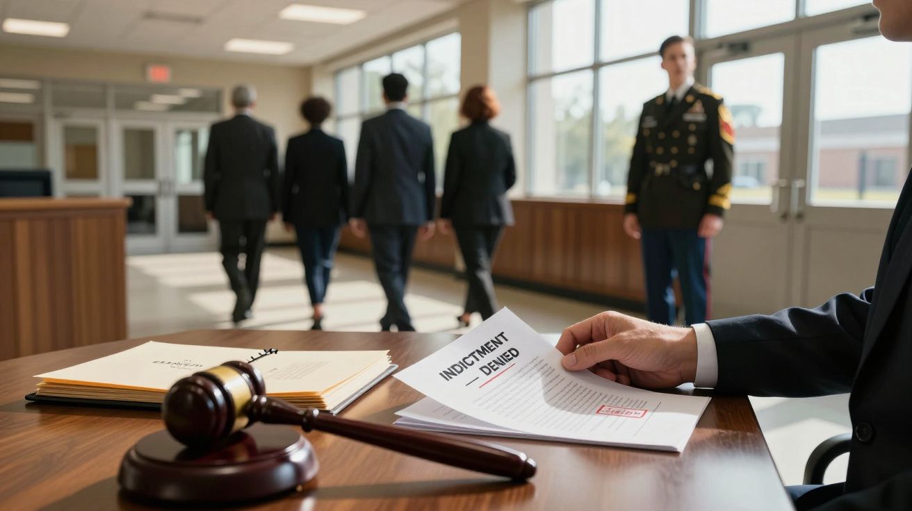 Mão segurando documento "Indictment Denied" numa sala com martelo jurídico; pessoas ao fundo, uma em uniforme militar.