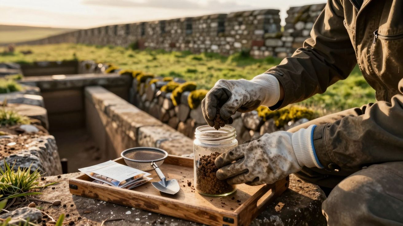 Pessoa de luvas manuseia sementes em frasco num jardim, com pá e peneira em tabuleiro de madeira.