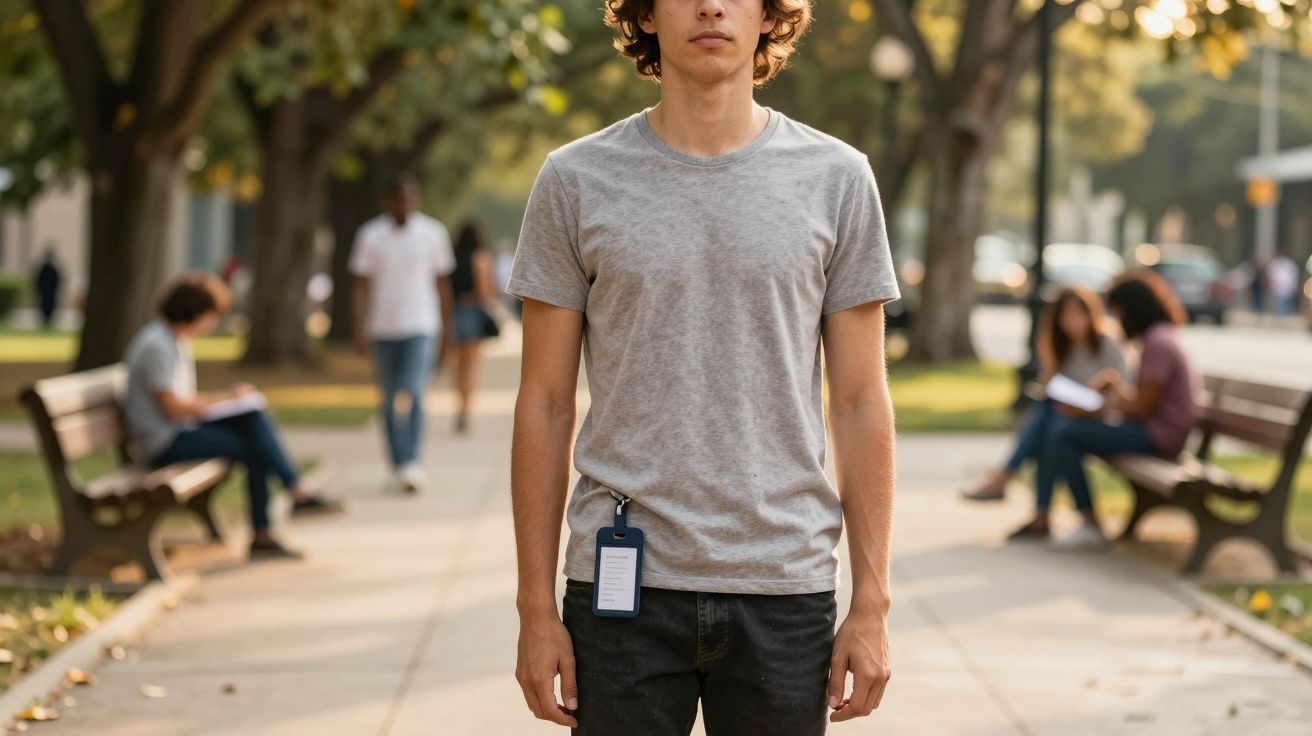 Rapaz de t-shirt cinza numa calçada com árvores, rodeado por pessoas sentadas em bancos de parque.