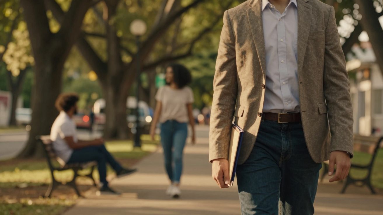 Homem com blazer caminha em parque, segurando caderno. Pessoas desfocadas ao fundo, árvores e bancos ladeiam caminho.