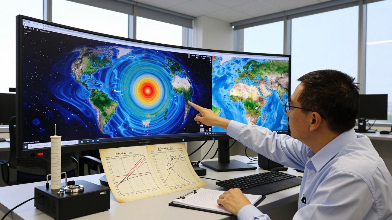 Homem aponta para ecrã com mapa sísmico na América Latina, rodeado por papéis e equipamentos de medição.