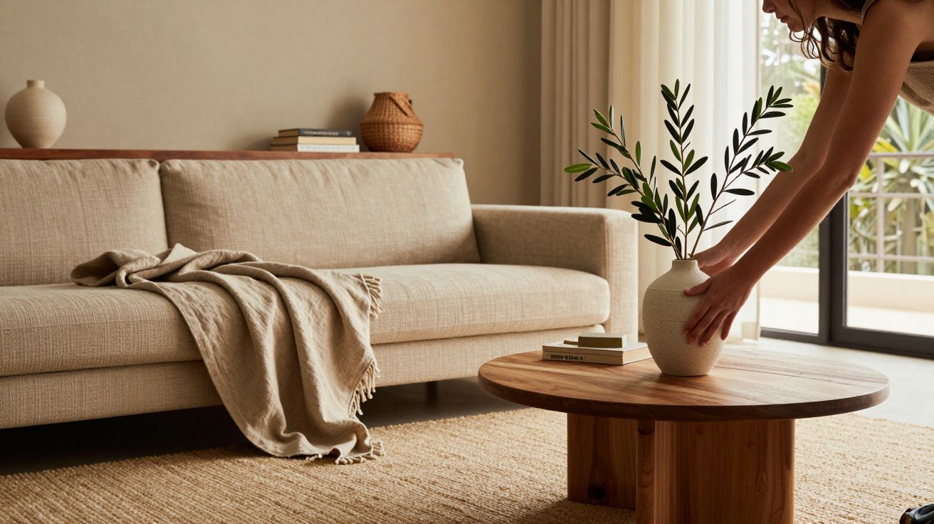 Sala de estar elegante com sofá bege, mesa de madeira e vaso decorativo; luz natural entra pela janela.