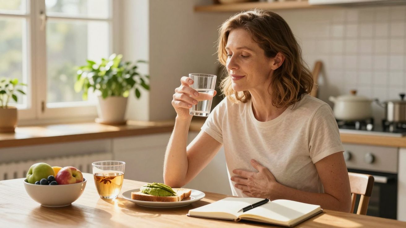 Mulher a beber água à mesa com pequeno-almoço. Há frutas, sumo e um bloco de notas. Cozinha iluminada ao fundo.