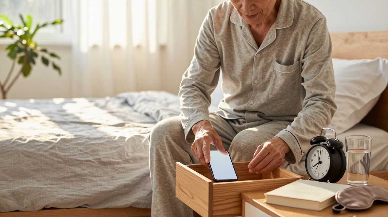 Senhor de pijama guarda telemóvel na gaveta ao lado da cama, com despertador e copo de água na mesinha de cabeceira.