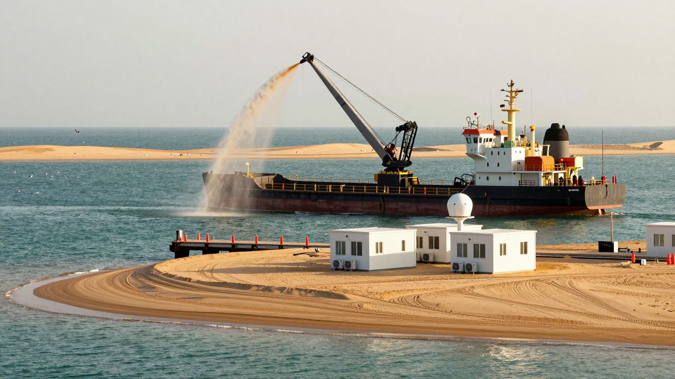 Navio a drenar areia no mar com ilhotas ao fundo e pequenas construções brancas na areia em primeiro plano.