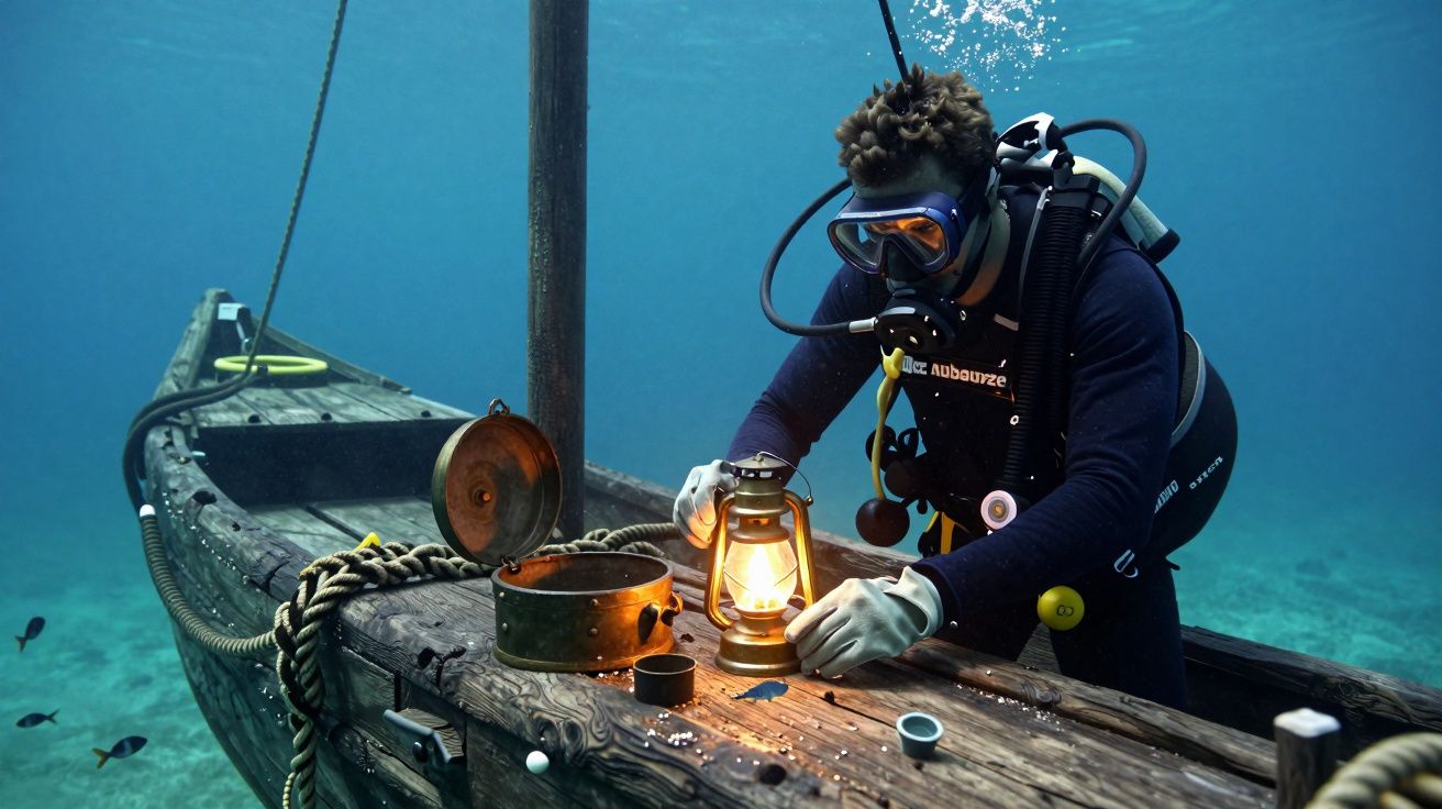 Mergulhador acende lampião a bordo de um barco submerso, rodeado por alguns peixes no fundo do mar.