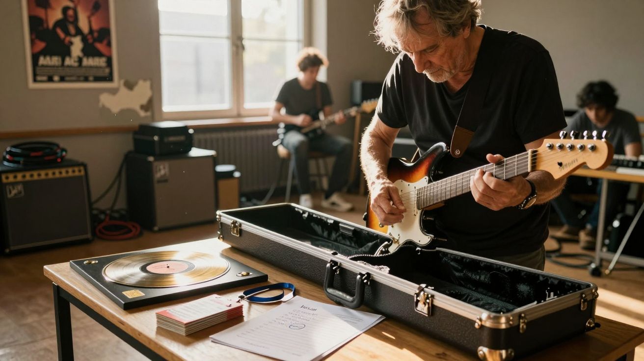 Homem a tocar guitarra elétrica num estúdio, com discos de vinil e amplificadores ao fundo.