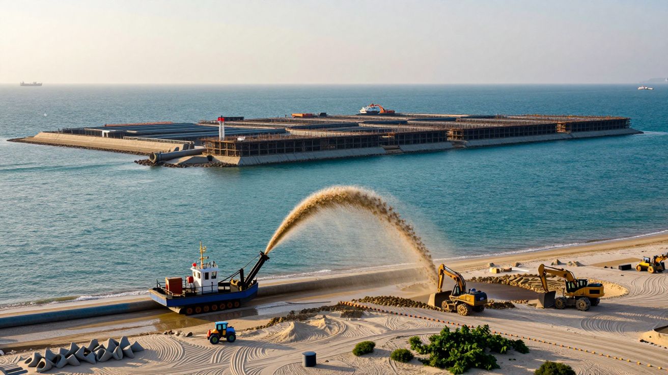 Barco e máquinas movem areia na costa, criando uma barreira artificial no mar em dia ensolarado.