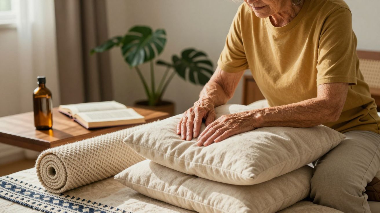 Pessoa idosa organiza almofadas macias num ambiente acolhedor com tapete, livro e planta ao fundo.