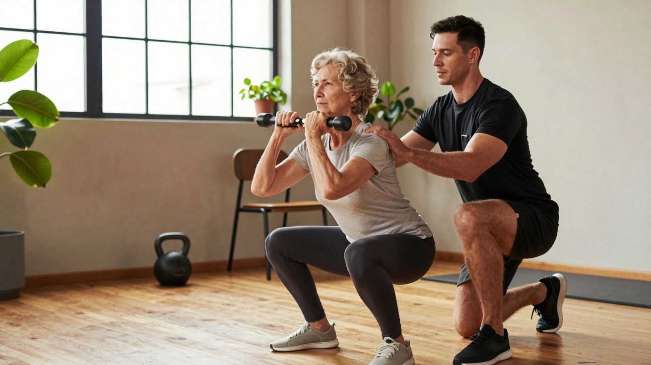 Mulher idosa a fazer agachamento com halteres, acompanhada por treinador numa sala iluminada por janela grande.