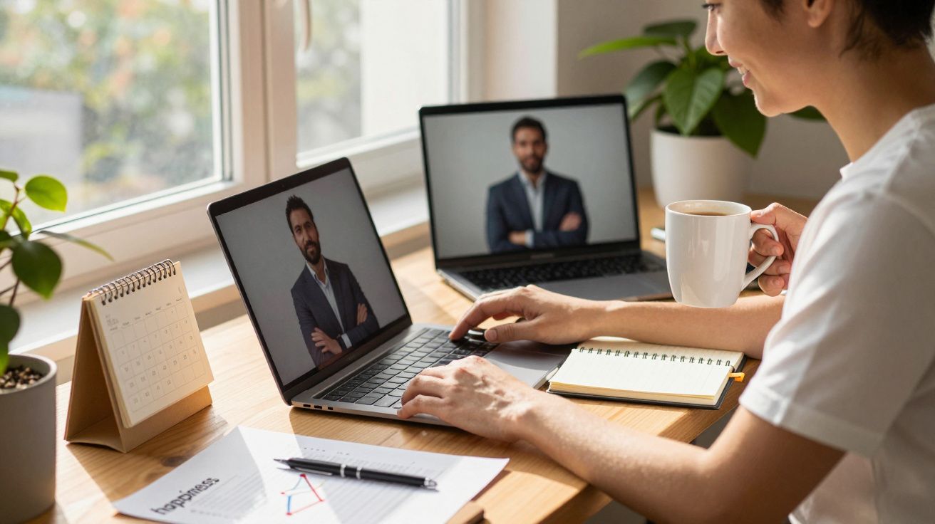Pessoa em frente a laptop participando de vídeo-chamada, tomando café, com bloco de notas e plantas ao redor.