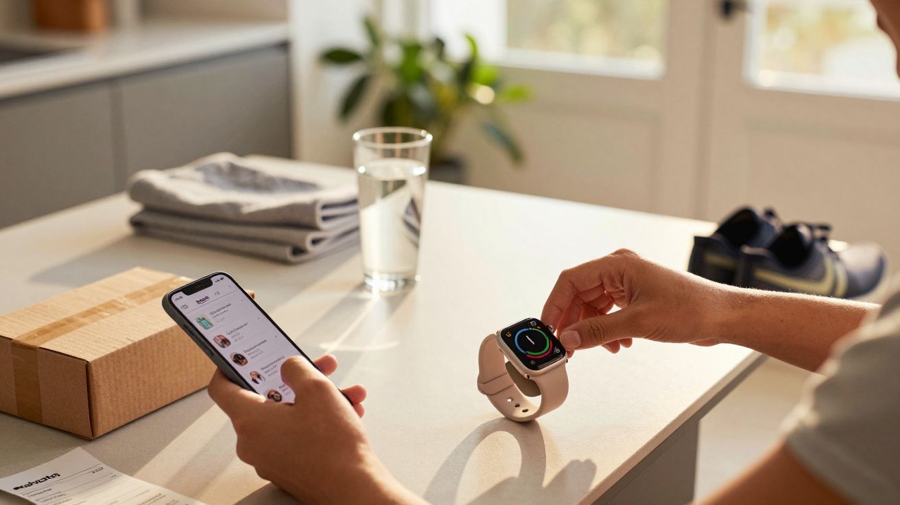 Pessoa a configurar um smartwatch com um smartphone numa mesa, com água, roupa e sapatilhas ao fundo.