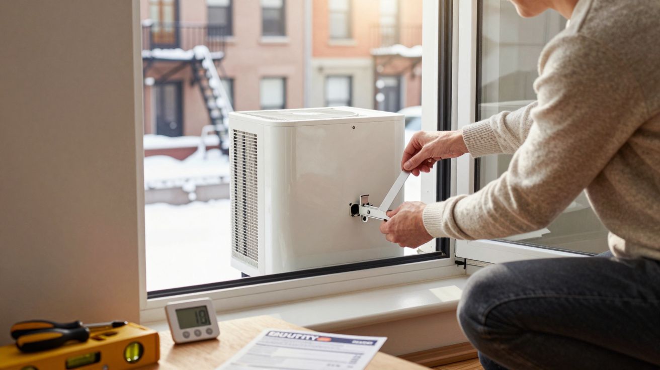Homem instala uma unidade de ar condicionado portátil numa janela, segurando um suporte metálico.