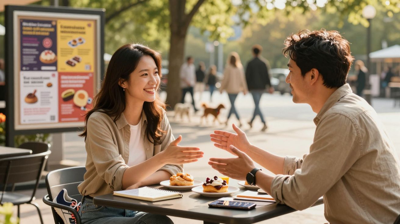 Casal a conversar sorridente numa esplanada ao ar livre com sobremesas na mesa e pessoas a passear ao fundo.