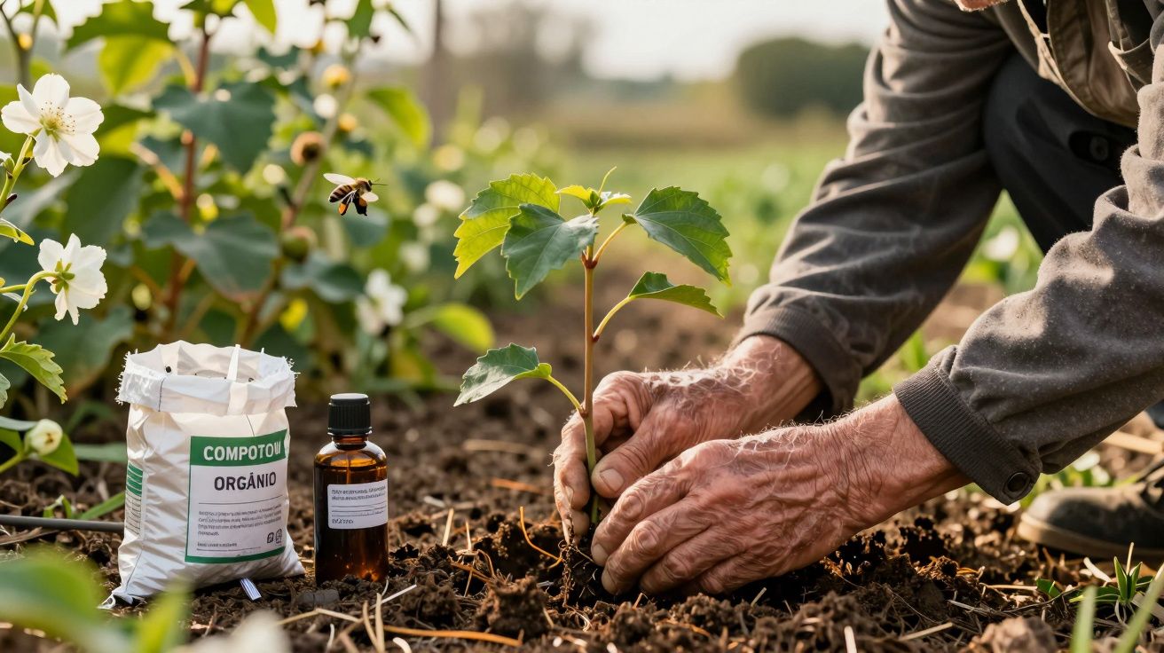 Mãos de idoso plantam muda em solo fértil, com sacos de fertilizante orgânico ao lado, num jardim florido.