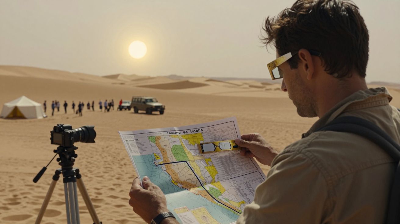 Homem no deserto segurando mapa. Ao fundo, jipe, grupo de pessoas e tenda perto do pôr do sol. Câmera num tripé.