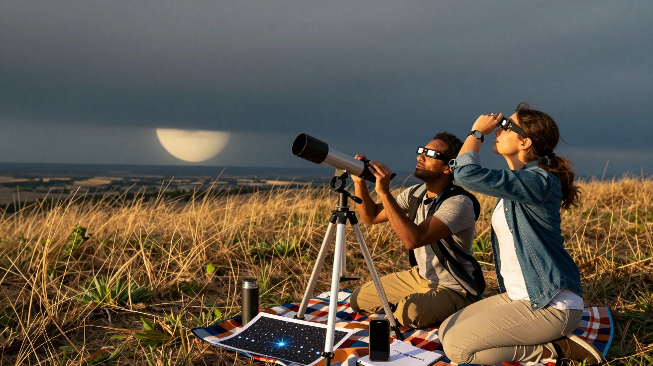 Duas pessoas observam um eclipse solar num campo com telescópio e óculos de proteção, ao pôr do sol.