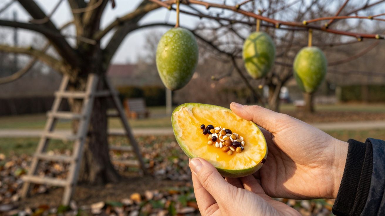 Mãos seguram uma fruta cortada ao meio com sementes visíveis, pendurada numa árvore com outras frutas no fundo.