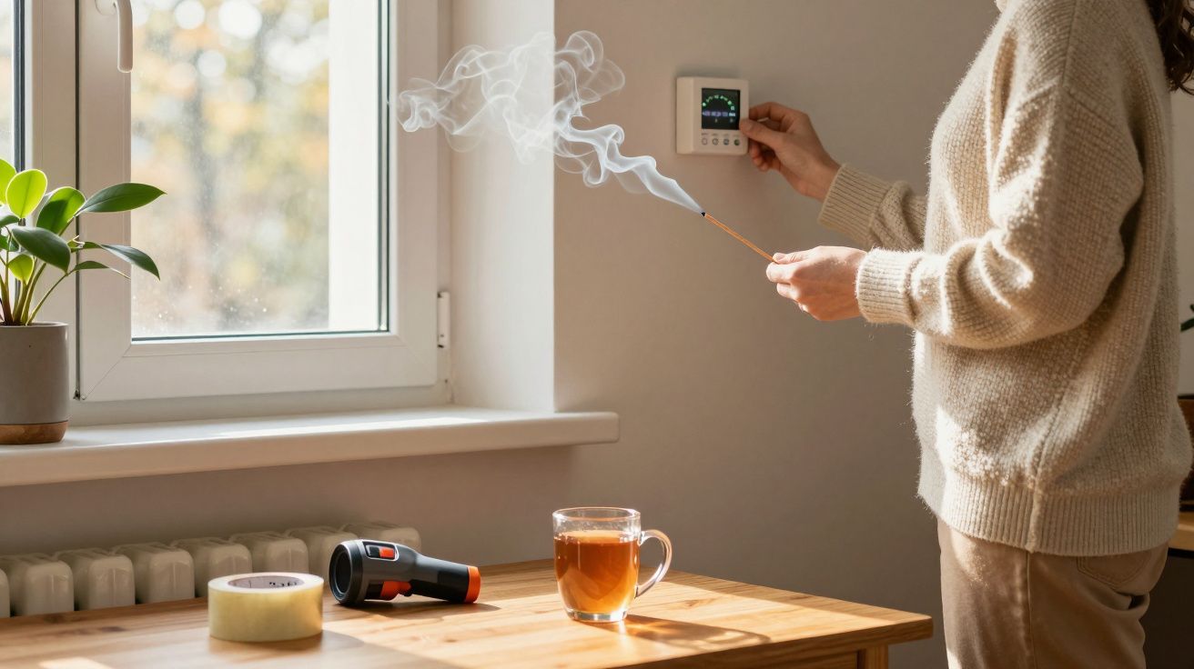 Pessoa ajusta termóstato junto a janela; incenso e chá sobre a mesa.