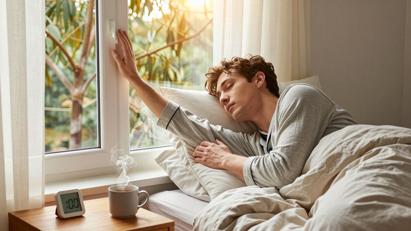 Homem deitado na cama ao lado de uma janela, esticando o braço. Uma chávena de café e um relógio digital na mesa.