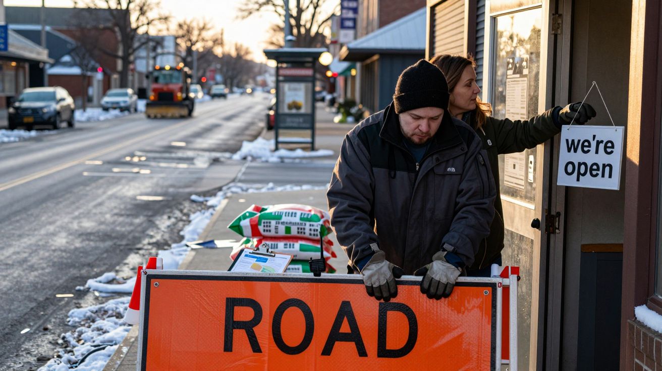 Homem coloca sinal "ROAD" enquanto mulher pendura placa "we're open" em dia frio numa rua movimentada.
