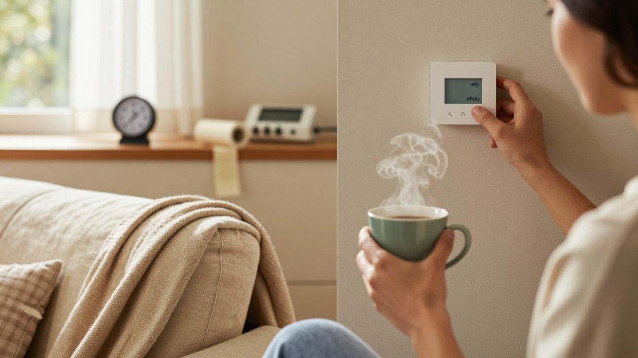 Mulher ajusta termóstato numa parede, segurando uma caneca de café quente numa sala acolhedora.