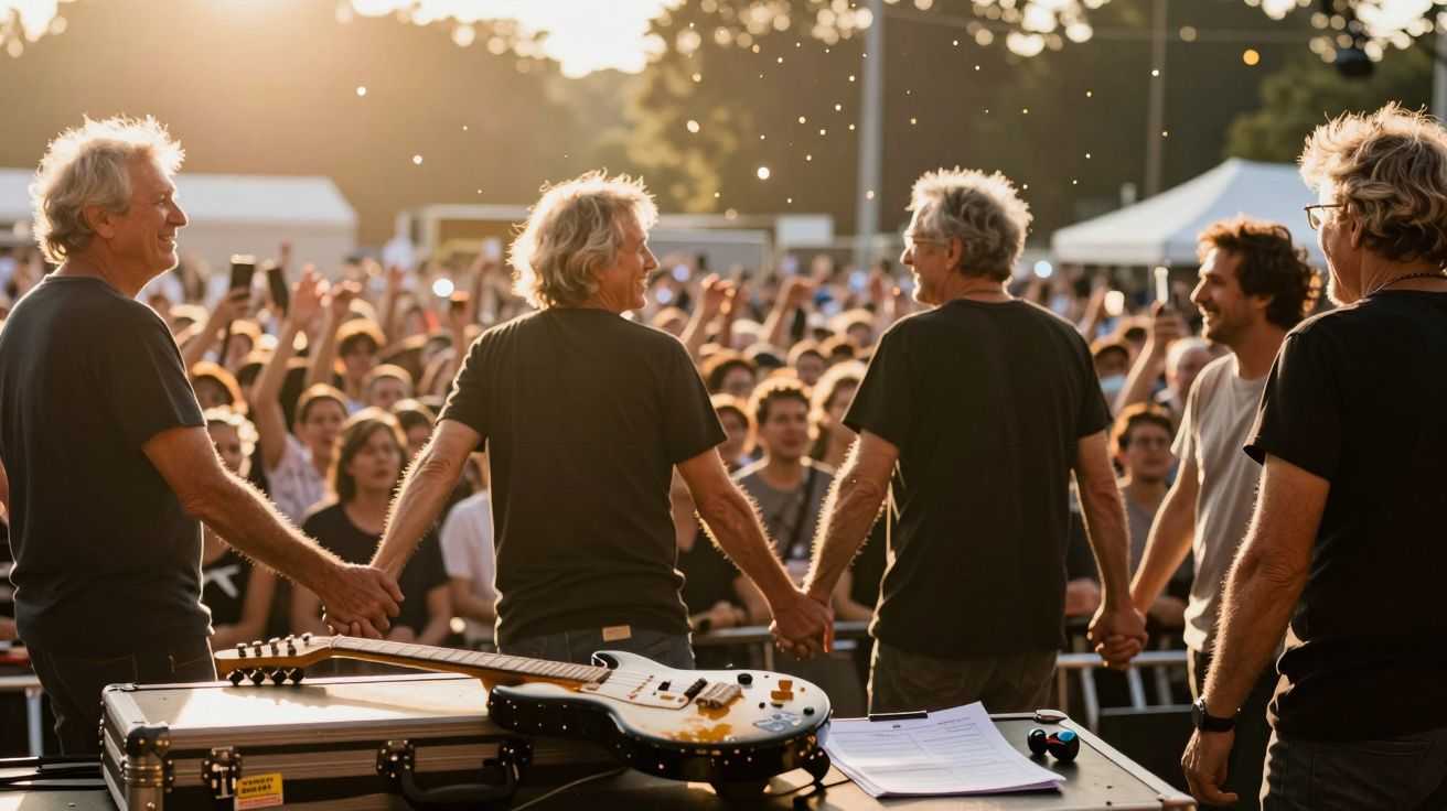 Grupo de músicos em palco cumprimentando o público ao pôr do sol, com guitarras e uma multidão ao fundo.