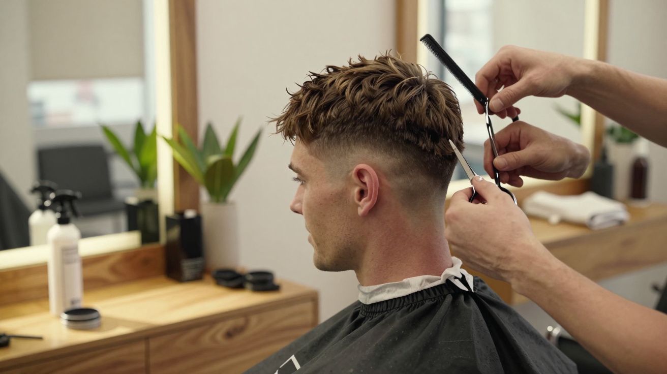 Homem a receber um corte de cabelo feito por um cabeleireiro em salão moderno.