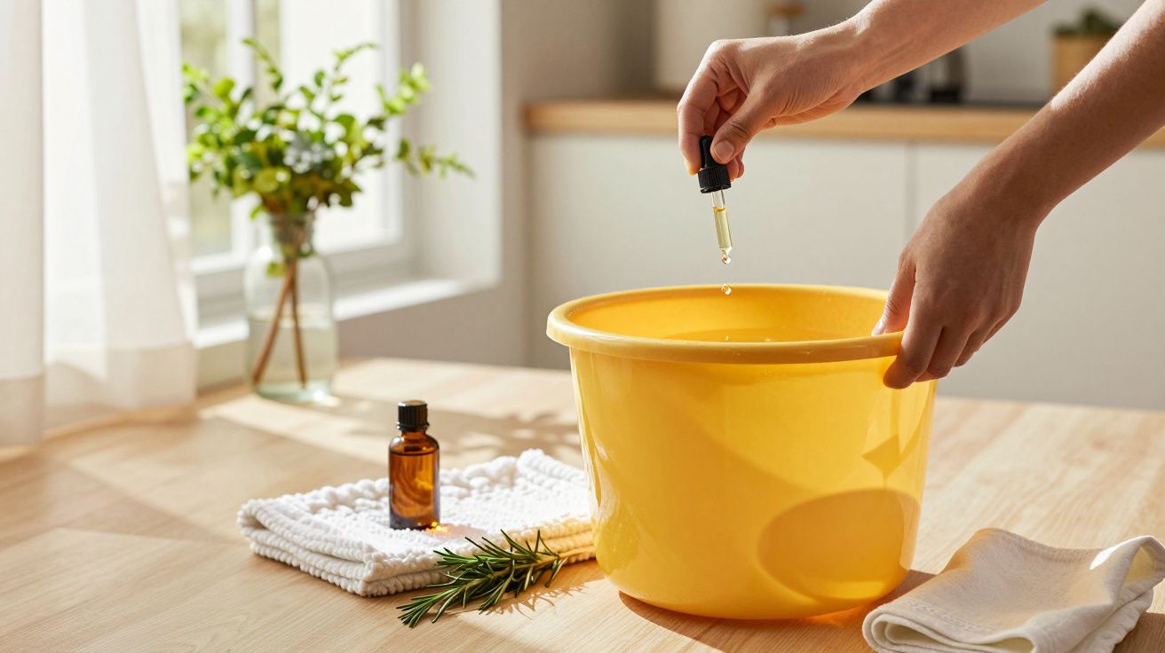 Mãos adicionam óleo essencial numa bacia amarela com toalha e frasco ao lado, planta ao fundo.
