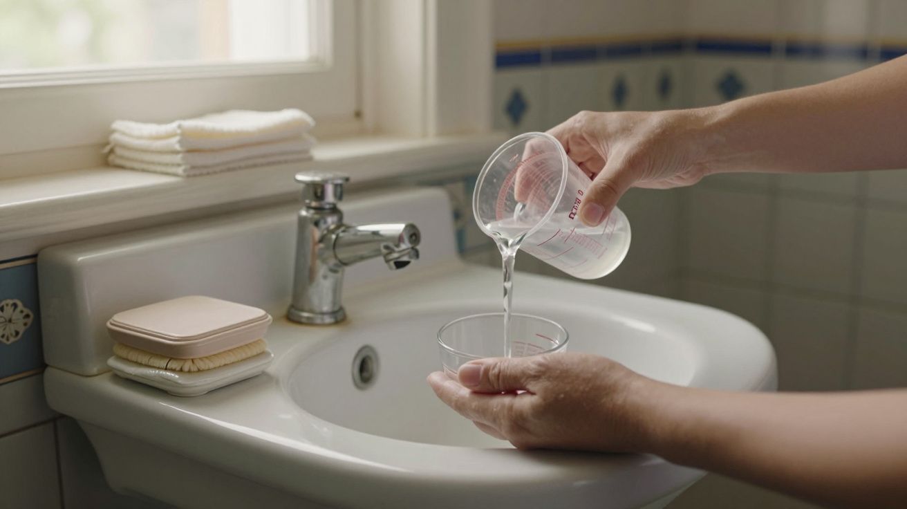 Mãos vertem água de um copo medidor para outro sobre um lavatório, com toalhas dobradas ao lado.