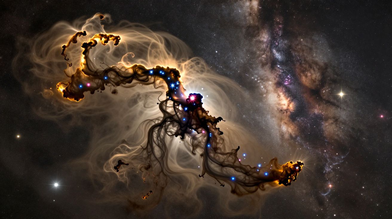 Imagem cósmica de nebulosa colorida com estrelas brilhantes e fundo da Via Láctea visível.