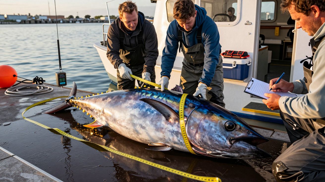 Três pessoas medem um atum gigante num barco, junto a uma marina, usando fitas métricas e clipboards.