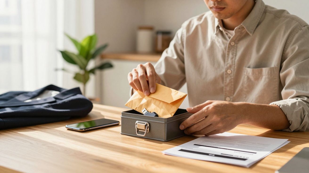 Homem guarda um envelope numa caixa metálica sobre uma mesa com smartphone e documentos.