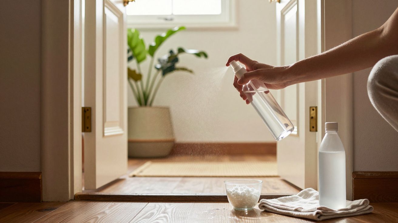 Pessoa a borrifar spray com garrafa transparente, interior claro com planta ao fundo.