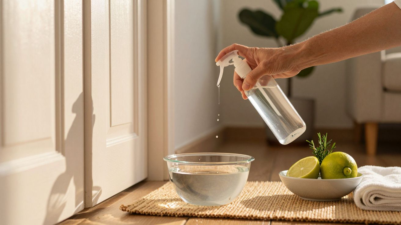 Mão segurando frasco de spray sobre tigela com água; limões e toalha ao lado, em chão de madeira iluminado pelo sol.