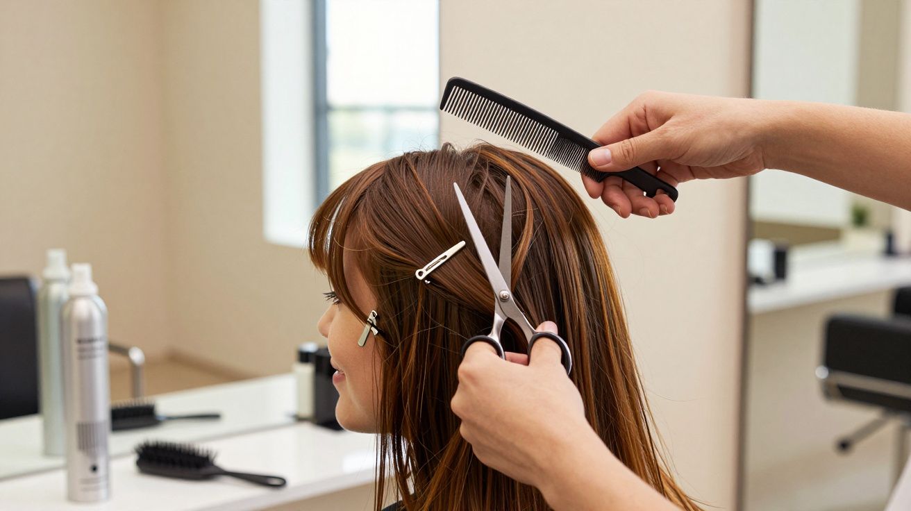 Cabeleireiro a cortar cabelo castanho de uma mulher com tesoura e pente num salão.